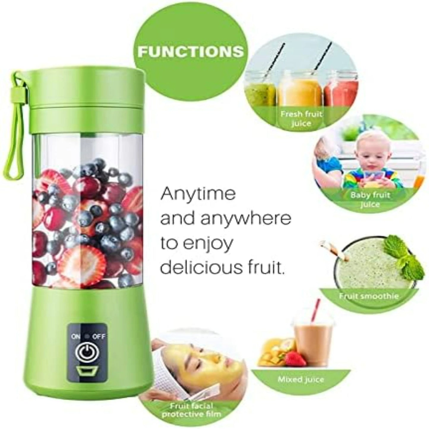 Green Portable USB Rechargeable Personal Blender for Fruit Juice, Shakes and Smoothies with 6 Blades Juicer Cup, 380ML Capacity,
